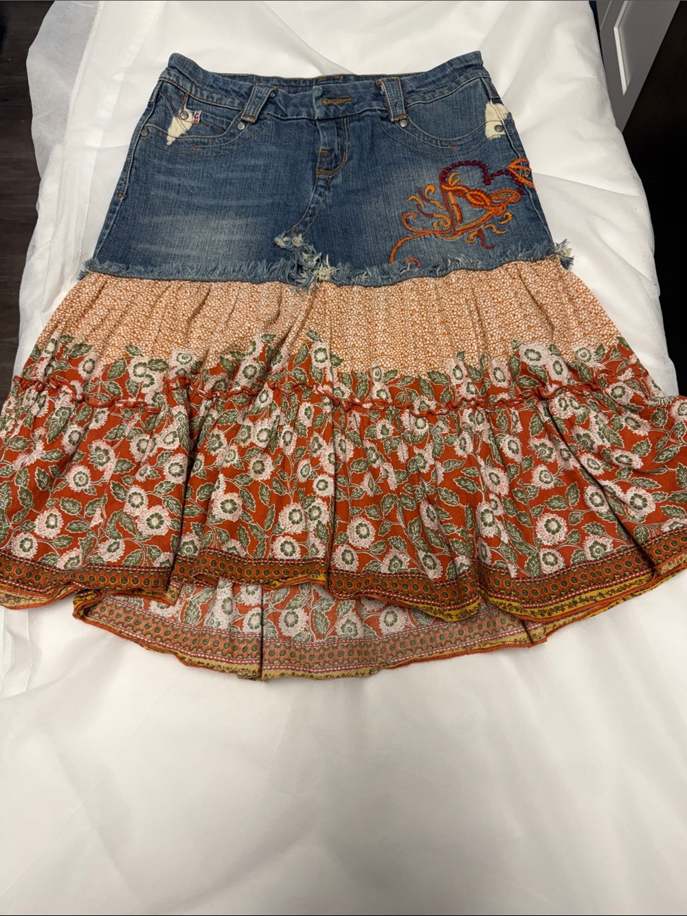 Candie's Y2K Denim Waist Tiered Floral A-Line Skirt in Blue and Orange